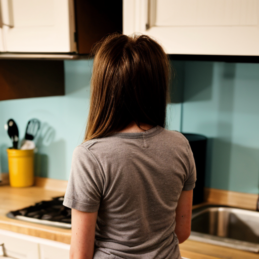 Back shot, close, A 14 year old standing. Her hands dried in mud. Wearing a scarf. Standing near kitchen counter.