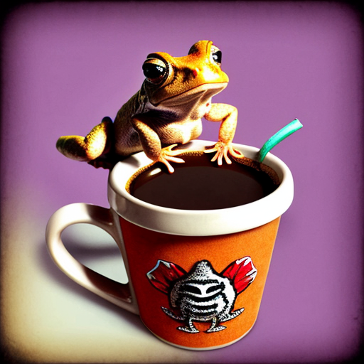 A hillarious, funny boho toad with some hippie colored coffee cups. Psychedelic decorated background.