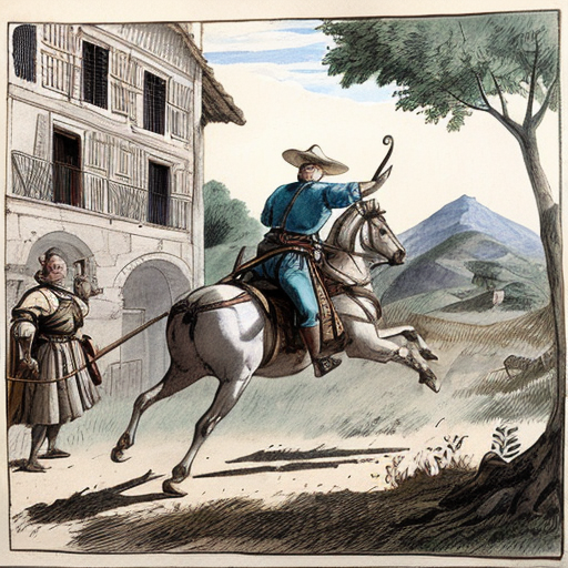 Illustration of a scene from Don Quixote, Scene 7.
A muleteer (arriero) punching Don Quixote.
Don Quixote falling to the ground, armor damaged.
Sancho Panza nearby, shocked and worried.
Old Spanish inn in the background.
Action scene but educational, not violent.
Classic book illustration style, 17th century Spain.
Soft colors, hand-drawn, clear composition.



