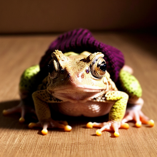 A laughable, puzzled animal toad in woolen, multicoloured winter clothings with woolen winter cap. Hyperrealistic style.
