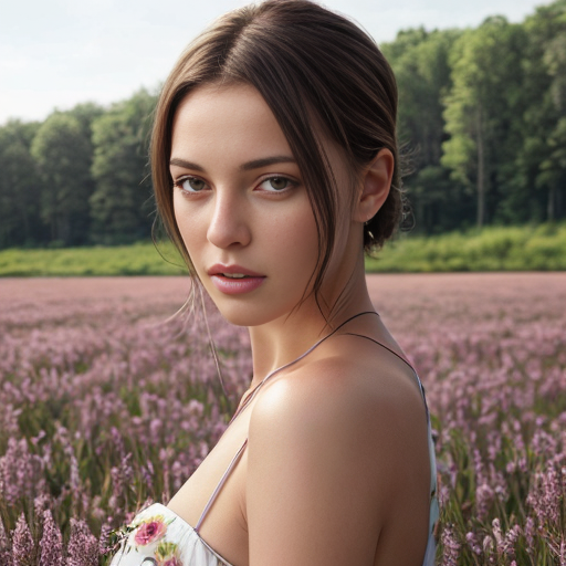 campo fiorito con donna completamente nuda