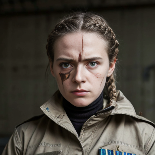 sharp grey eyes hinting at hidden depths, dark loosely braided hair framing face, subtle exhaustion etched features, calloused hands revealing frontline grit, human female, mid-twenties, Survey Corps uniform unassuming but worn, aristocratic bone structure beneath soldierly bearing, guarded posture masking intellect, traces of aristocratic lineage in posture, weary determination in expression, practical dirt-smudged boots, utilitarian gear showing wear, coiled tension in shoulders, observant gaze scanning surroundings, protective stance when near comrades, prematurely weathered skin from exposure, faded scars on knuckles, messy escapee braid