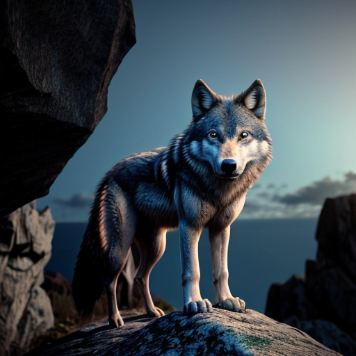 A wolf with glowing blue fur, glowing red eyes and gleaming fangs. The wolf is on the end of a rocky cliff with people coming towards him