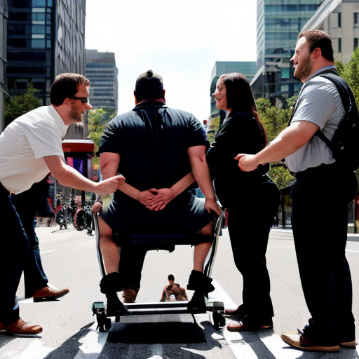 a large but not fat guy in an office chair. One leg is broken and extended horizontally into the seat of another office chair. The guy is sitting on a flat board that holds his leg between the two chairs. Each chair is being pushed by a friend. The group is crossing a crosswalk amidst busy city traffic.
