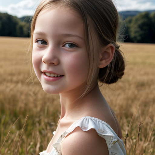 A young girl in a white dress in a sunny meadow