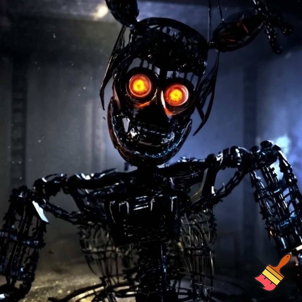 a fnaf endoskeleton with orange swirly eyes