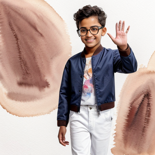 A Gacha brown skinned boy with dark brown hair, brown glasses and a brown pattern jacket with a white shirt, blue pants and black shoes. Waving at the camera 