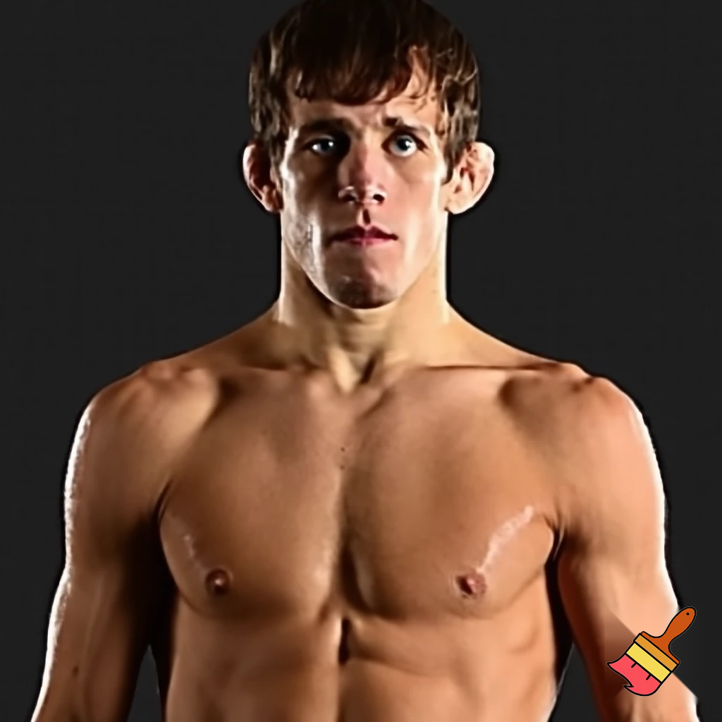 A mixed martial artist who has gone down two weight classes for a fight. His cheeks are sunken and his ribs are visible and his muscles stand out alarmingly. Nonetheless, he stands tall and steady. His eyes are watery blue, his hair is brown and his ears stick out.