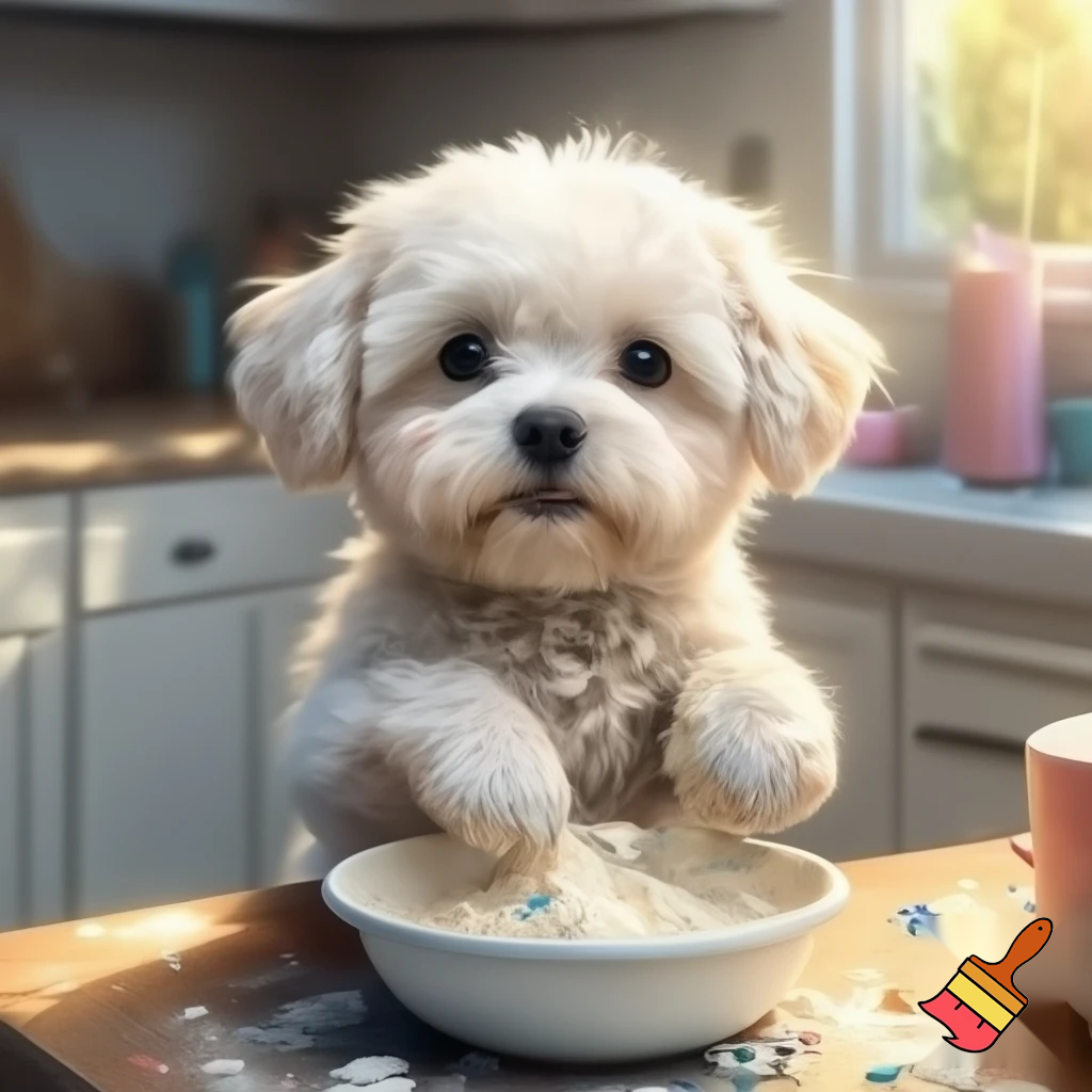 White dog making cake in the kitchen