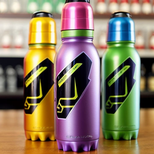 an energy drink bottle for boosterade  the bottle is blue yellow and pink
