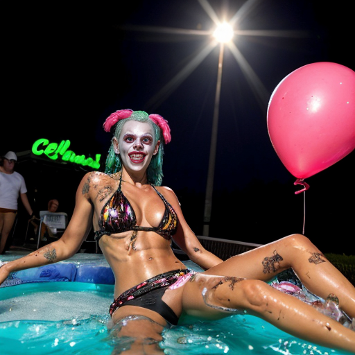 a grotesque yet mesmerizing tableau of absolute debauchery—a neon-lit backyard party where hell itself seems to have RSVP'd. A towering, rusted statue of Satan looms at the center, its hollow eyes dripping black ichor onto a pile of broken liquor bottles and half-eaten fast-food wrappers. Around it, elderly women in frayed, sequined bikinis lounge on plastic lawn chairs, their sagging skin mottled with bruises and cocktail umbrellas stabbed into their limbs like macabre decorations. Drunken clowns in smeared makeup stagger through the scene, one vomiting iridescent pink vomit into a kiddie pool filled with murky vodka, while another absentmindedly juggles his own severed fingers. The ground is a sticky mosaic of blood, spilled schnapps, and glitter, with a severed foot still wearing a stiletto propped against a cooler overflowing with ice and… are those teeth? The air shimmers with the stench of gasoline, cheap perfume, and rotting meat, as a deflating balloon animal slowly dissolves into a puddle of acid-green ooze.