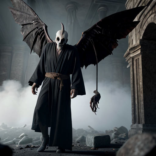 Photorealistic dark fantasy crypt. A gaunt, pale man in black robes stares at a fleshy, grotesque sack hanging from a rope. A winged, horned demon perches on a stone ledge behind him. Ruined stone floor with rubble, broken pots, and low-lying fog. Cinematic volumetric lighting, macabre gothic horror style, 8k resolution