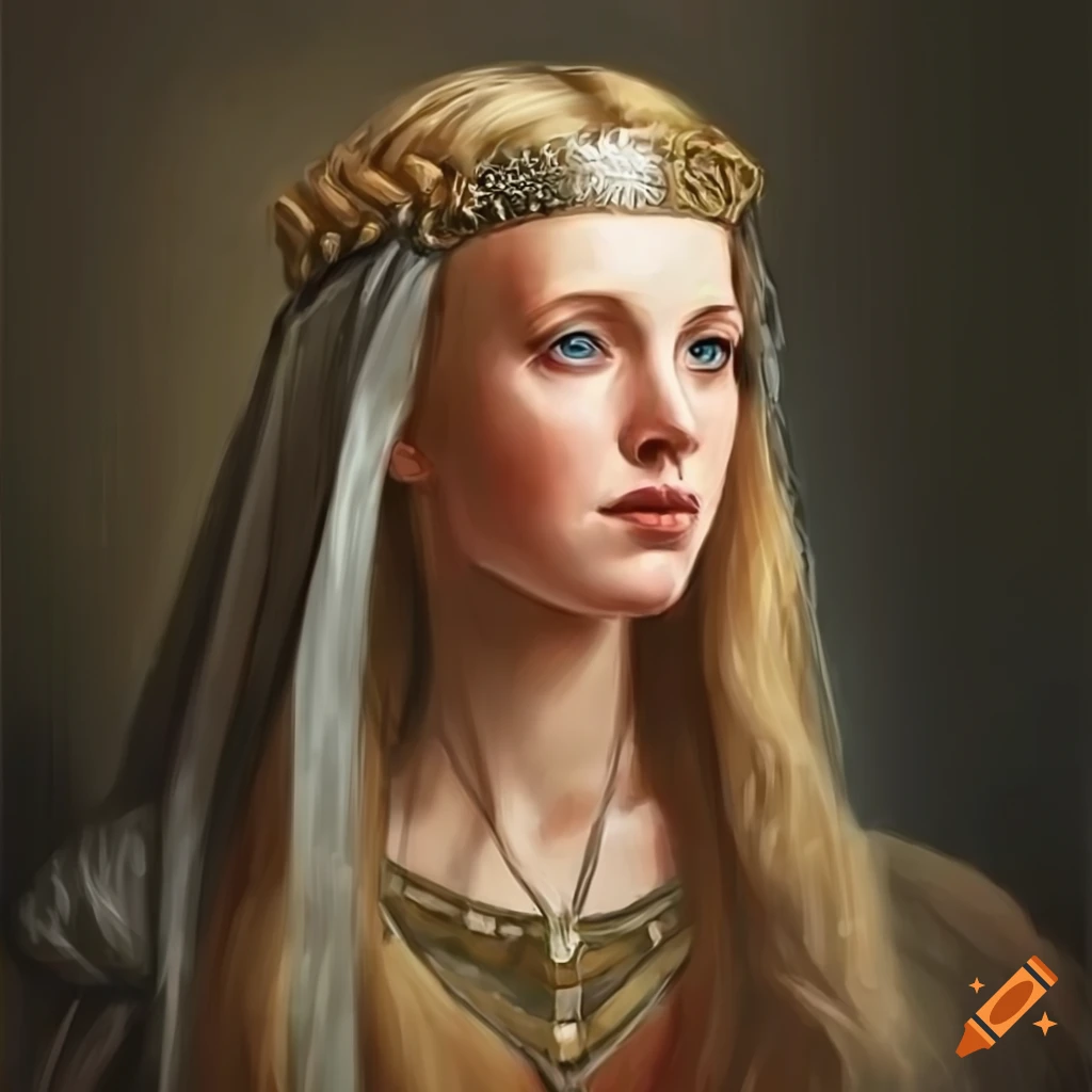 Thyra A beautiful 10th century Danish princess. Portrait with long dark blond hair. Dressed in the style of the Vikings from the 10th century . Fantasy style portrait of Tolkien hyperrealism