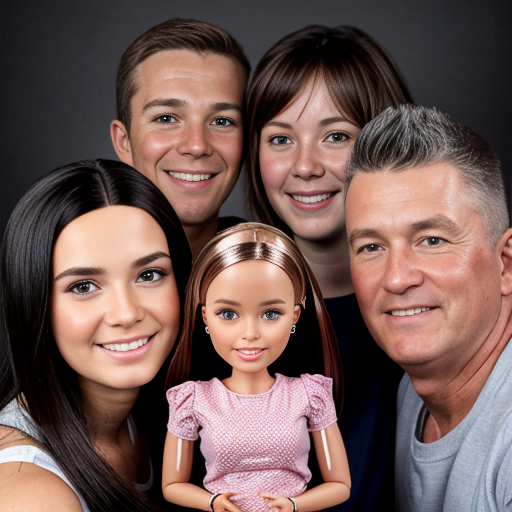 make a family photo of 3 with a 3 year old barbie and a 15 year old ken with there dad.   make barbie 3 years old make ken 15
