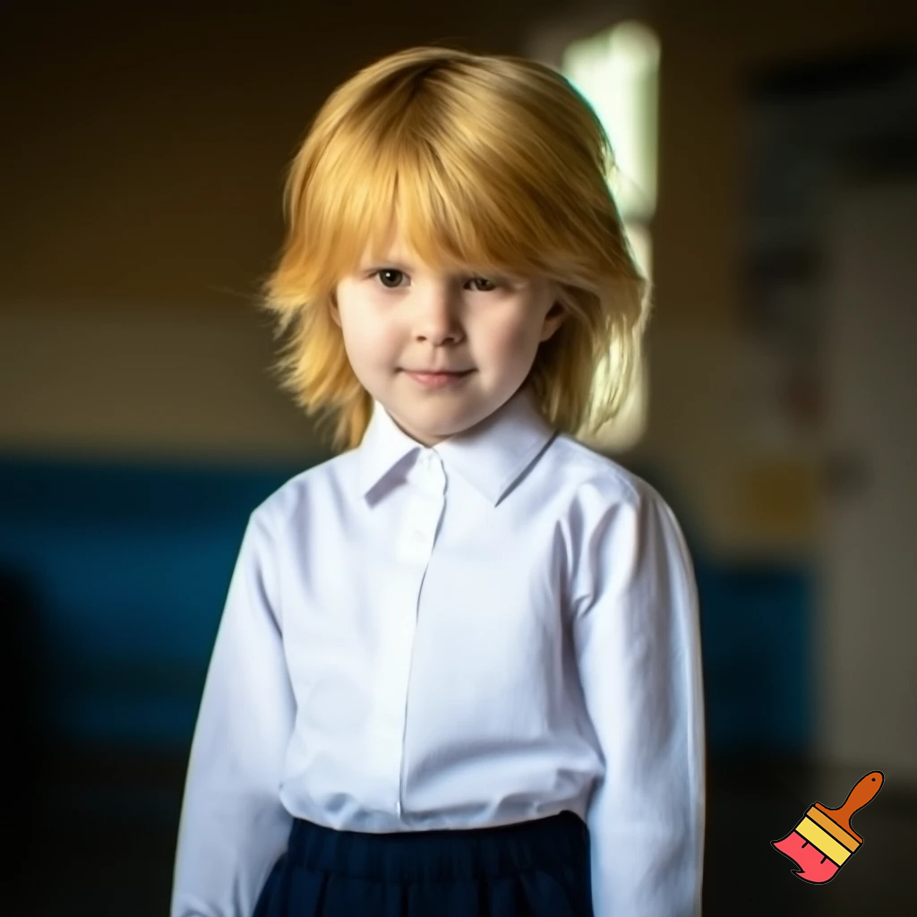 A kid that is 10 years old with blonde hair in school uniform