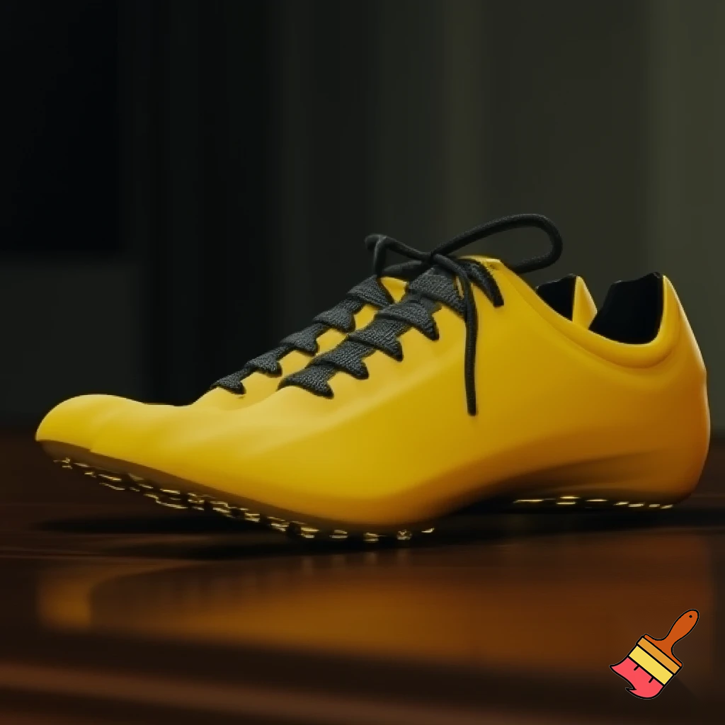 gold-yellow track shoes on a table with black laces
