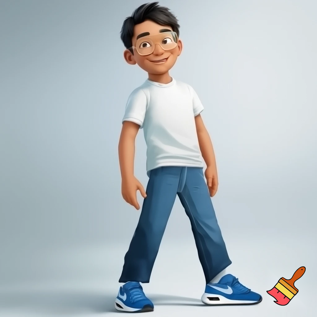 a boy standig he has a white skin coulor and black short hair he has bleu geans and a white bloes and bleu airmax shoes and he is whereing gold glasses and he is 12 years old and his hair is fully black and he is a bit taller and his skin is super light brown and he is super tall and looks happy and he is super tall

