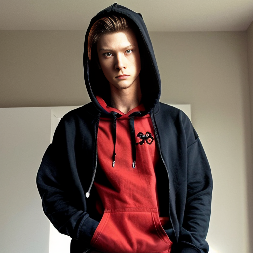 Super tuff nonchalant anime dude with a red shirt black hoodie and blue eyes