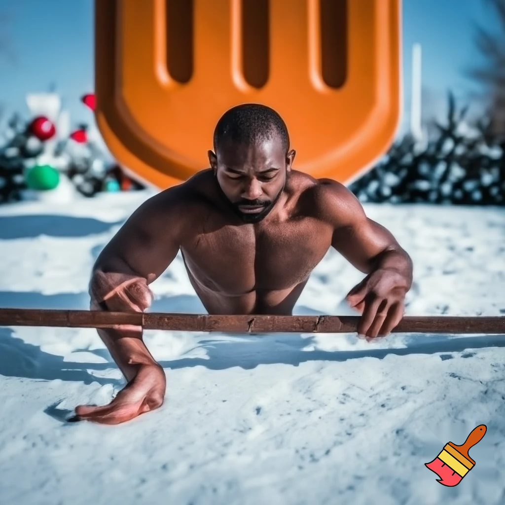 ein mann biegt bei einer großennorangen eissenbieadchiene eisen.. rundum liegt sehr viel schnee, es ist weihnachtszeit