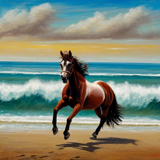 cavallo che corre sulla spiaggia con mare agitato e cielo annuvolato. L'immagine deve essere pittoresca e assomigliare a un dipinto a olio.