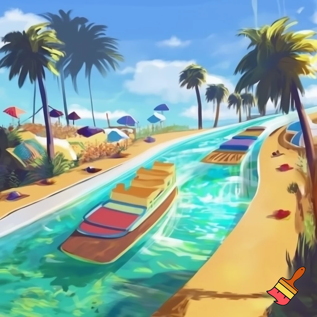 Create a water boat theme park ride inspired in beachy Malibu with a fun vibe. Add path