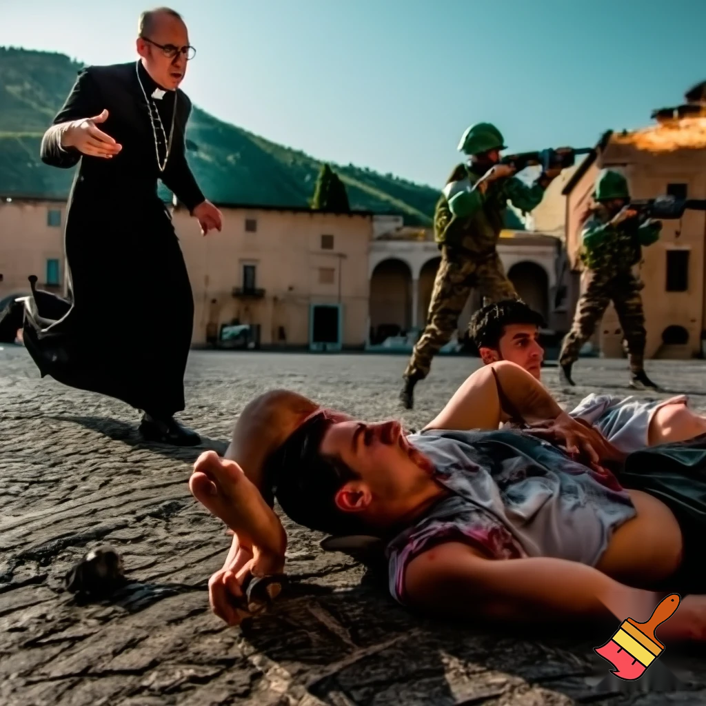 In the foreground, two young men fall to the ground, wounded; on the left, a priest runs to the rescue; in the background, a firing squad fires. Summer; setting: square with Italian hills in the background.