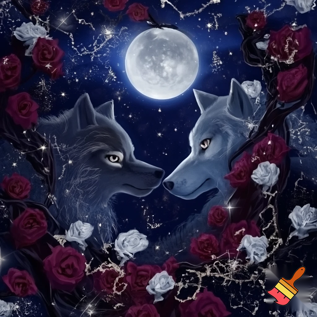 Mystical illustration for a 50x60 inch blanket, featuring two wolves facing each other under a glowing full moon, surrounded by roses, vines, stars, and celestial symbols; filling the entire space to the edges. No borders or frames.