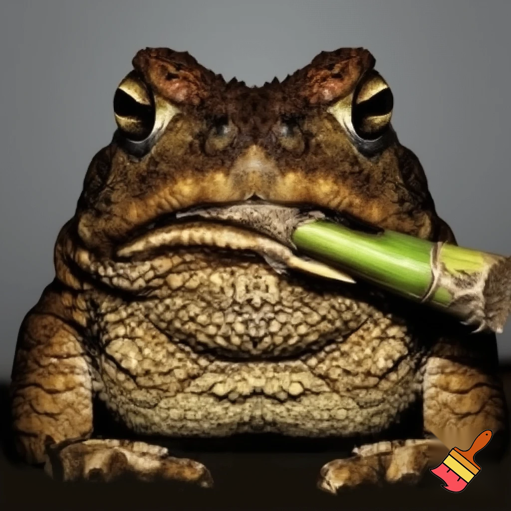 Cane Toad, Angry, Frowning, Sugercane in mouth, prisoner, Mugshot