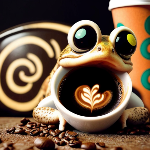A hillarious, funny boho toad with some hippie colored coffee cups. Psychedelic decorated background, hyperrealistic. Close-up view.