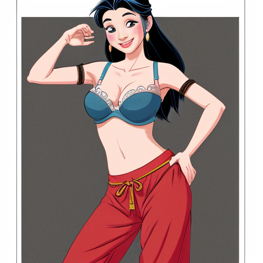 90's disney's 2d aladdin style comic dark blue background and panels of panel 1 Pocahontas barefoot with brown harem pants and bra with both hand palms place together and hiding the bottom of her mouth with a brown veil wrapped around her arms and attached to her head. 
panel 2 she danced with brown harem pants barefoot with brown bra and brown veil wrapped around her arms and shoulders and raising legs and panel 3 Pocahontas barefoot with brown harem pants and bra just bounced up and down her belly  and shook her hips left and right. 
panel 4 as Pocahontas barefoot with brown harem pants and bra spreading her arms, happily revealing her face to the viewer and giving a smile as she turns around shook her butt left and right. 
Panel 5 Pocahontas barefoot with brown harem pants and bra started to fading away , except her belly, which is bouncing around. 
Panel 6 then the ball transforms into the fading in belly of mulan  with red harem pants and red bra and red curved slippers with a  red veil wrapped around her arms and shoulders with her swaying her hips. 
Panel 7 mulan with red harem pants, red bra and red curved slippers and with a red veil wrapped around her arms and shoulders and with her hand palms place together between her chest and she gives a smile and winking her left eye.