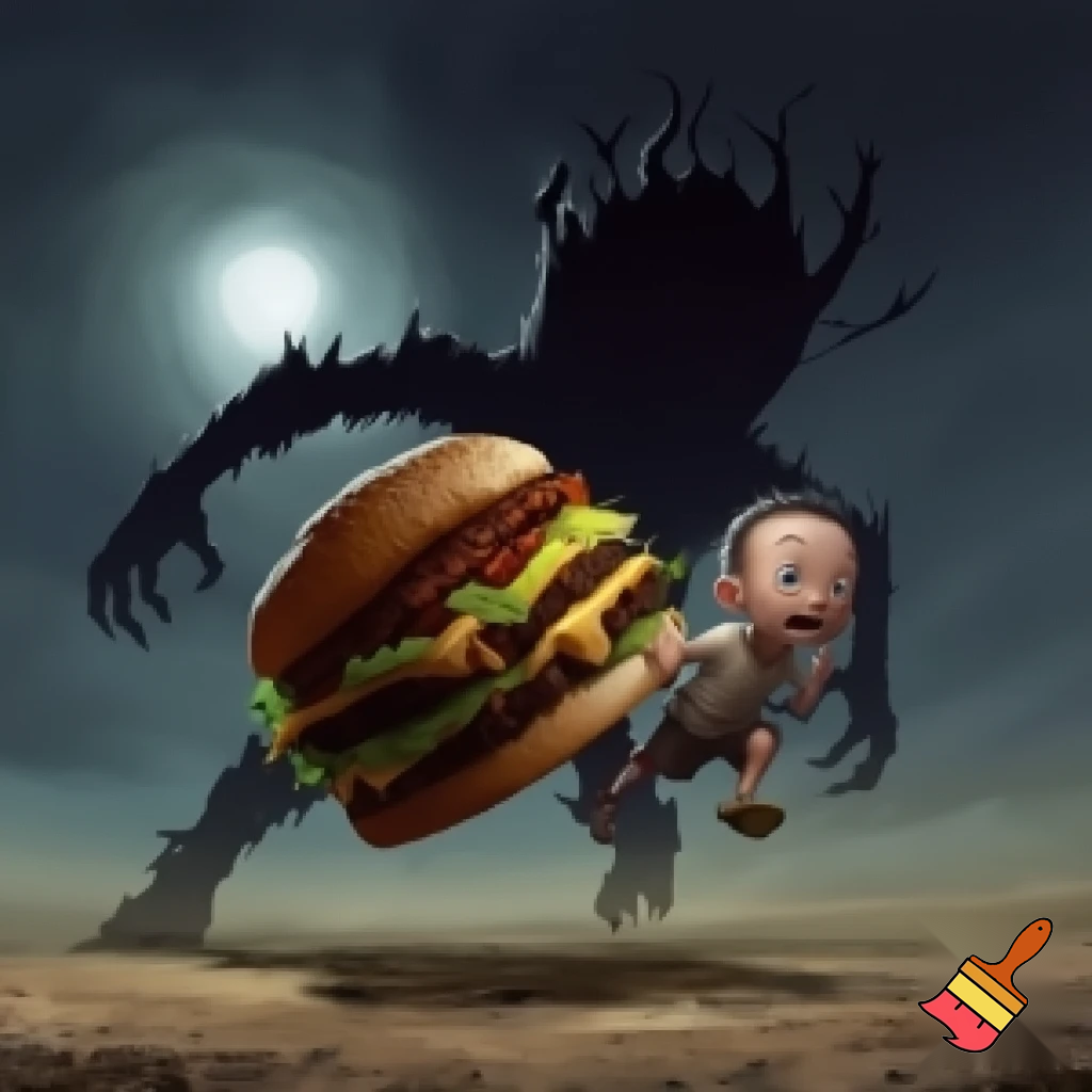 use a small chap eating a massive burger while getting chased by a terrifying monster