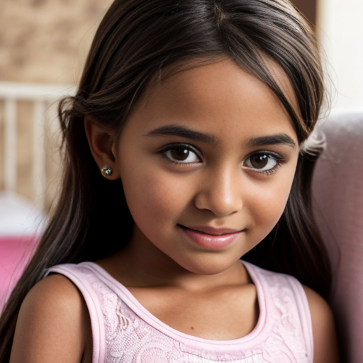 sudanese little girl, long brunette hair, night dress, on the bedroom, close up