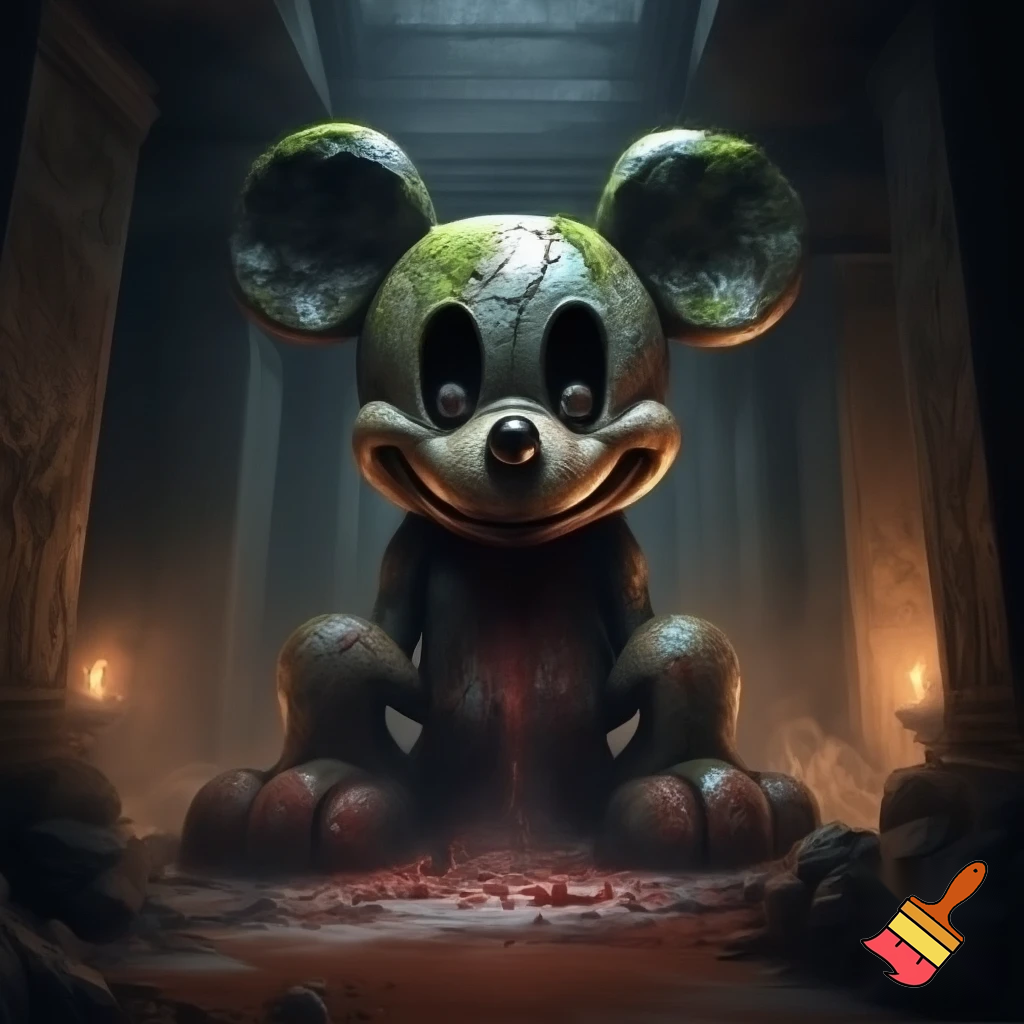 Ancient stone idol of Mickey Mouse with blood sacrifice