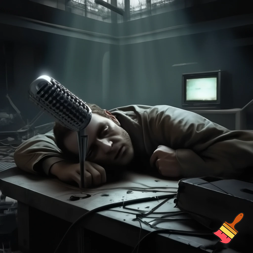 Disegna un uomo steso sul tavolo di una postazione radio moderna in un ambientazione post apocalittica. L'uomo ha un microfono conficcato in testa