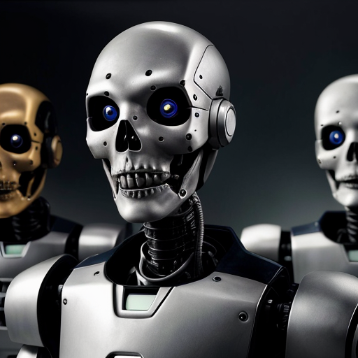 4 dead robots and 1 robot that is looking devastated that all his friends are dead
