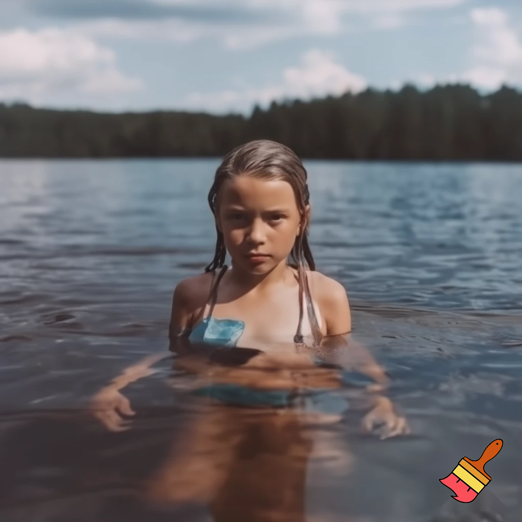 un chica nadado en un lago sin ropa
