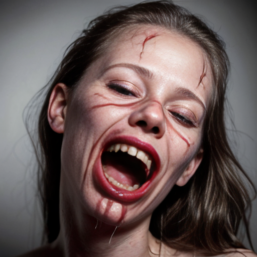 a hauntingly beautiful yet grotesque photorealistic portrait of a blonde woman, her porcelain skin streaked with glistening rivulets of fresh blood that drip from her chin and matted hair. A deep, freshly carved pentagram glistens wetly on her forehead, its edges ragged as if etched by frantic fingers. Her eyes are peacefully closed, lashes clumped with dark stains, while her primary mouth curls into a serene, almost beatific smile—a stark contrast to the horrors flanking it. Both cheeks are torn open like grotesque blossoms, revealing gaping secondary mouths lined with jagged, uneven teeth, their lips pulled back in silent screams that seem to vibrate with unseen agony. Her neck and upper chest are a raw, pulsing landscape of exposed muscle and sinew, glistening under the cinematic chiaroscuro lighting that casts dramatic shadows across her ruined flesh. The background is an inky void, swirling with faint, ghostly tendrils of mist, amplifying the macabre elegance of her suffering. Every detail—from the dewdrop sheen on her wounds to the way light catches the uneven edges of her torn skin—is rendered with hyper-realistic precision, making the horror feel unnervingly tangible.