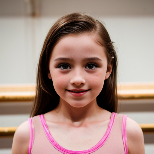 A 12 year old doing ballet (female) dark brown hair and Hazel/brownish eyes and singing too with pink clothes a beauty spot above the mouth and very light brown freckles 