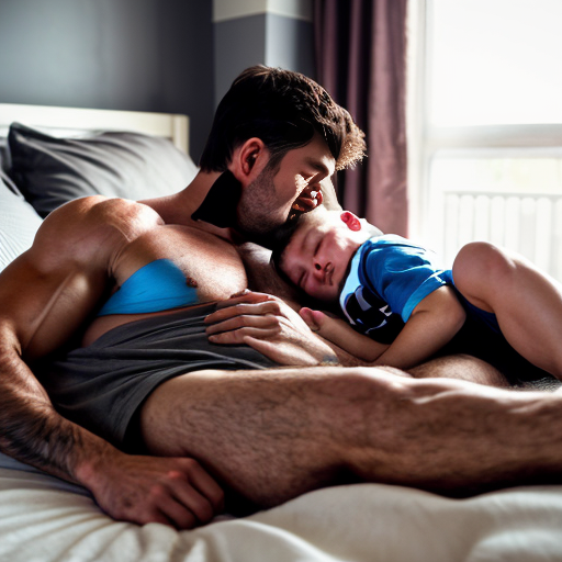 A photo of a European father with a muscular build. He is lying on a bed wearing socks and a shirt. His son is lying between his legs and is kissing his father's sport 🩲. The father is asleep.