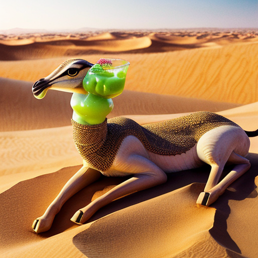 "A graceful gazelle in the golden UAE desert, wearing traditional Emirati clothing (talli) elegantly draped over its body, while sipping a cup of matcha tea. The warm sunlight highlights the intricate patterns of the talli and the textures of the sand dunes. Style: realistic with whimsical charm, soft warm tones, detailed desert background, blending cultural heritage with playful imagination."
