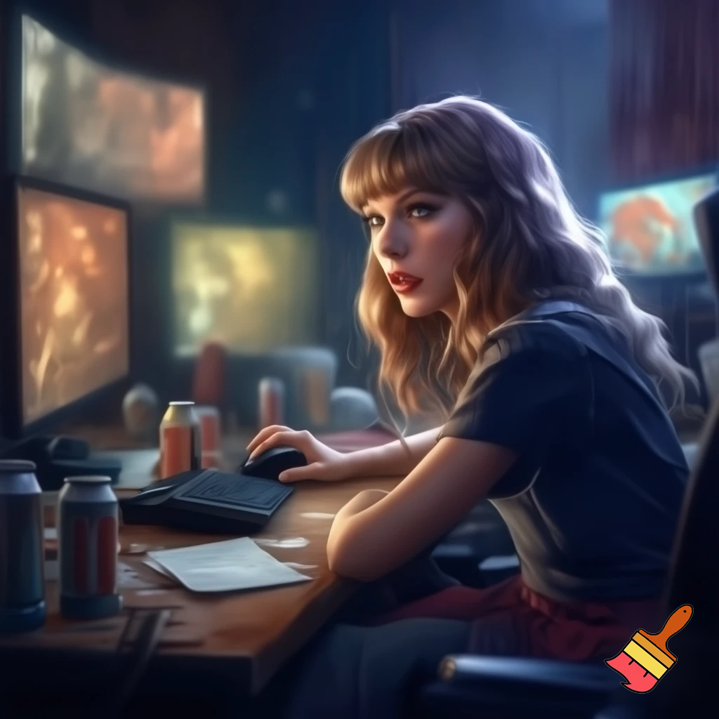 Taylor swift playing five nights at Freddy's pizzeria simulator. She is at her desktop playing the game