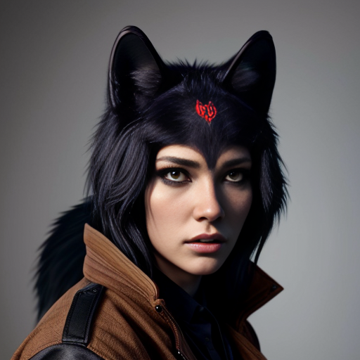 Anthropomorphic female black wolf with long pretty black hair and purple eyes, wearing a brown jacket 