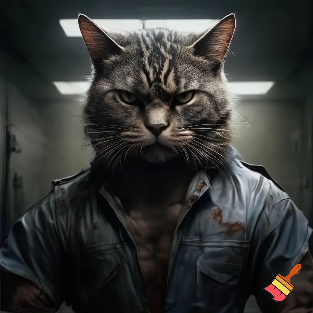 evil, sinister, strong, cat in a police mugshot staring with dim lights jail suit