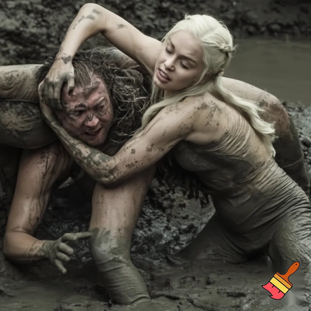 Daenerys Targaryen and Natalie Dormer wrestling in the mud , Natalie Dormer is under Daenerys and losing. Both are naked and all sweaty 
