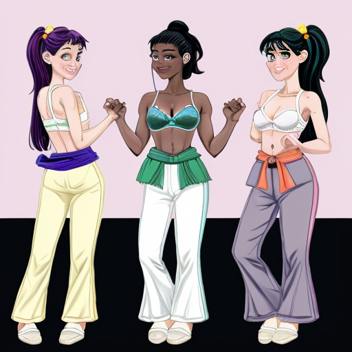 90's Disney style comic with dark blue background with six panel grids showing Panel 1 the black haired ponytail woman with ,dark purple skin ,purple and yellow spotted harem pants,and bra and purple sash and yellow vest and purple curved slippers. Panel 2 the black haired ponytail woman with white skin,black and white striped harem pants,black and white bra and black sash and black vest and white curved slippers. Panel 3 the black haired ponytail woman with blue skin, light and dark blue striped harem pants, light blue bra and dark blue sash and dark blue vest and light blue curved slippers . Panel 4 the black haired ponytail woman with green skin, light and dark green harem pants, light green bra and dark green sash and dark green vest and light green curved slippers. Panel 5 the black haired ponytail woman with dark pink skin, pink harem pants, pink bra and pink sash and pink vest and pink curved slippers. Panel 6 the black haired ponytail woman with orange and purple striped harem pants, purple bra and orange sash and orange vest and purple curved slippers and all are having their hand palms place together near their chest and swaying their hips