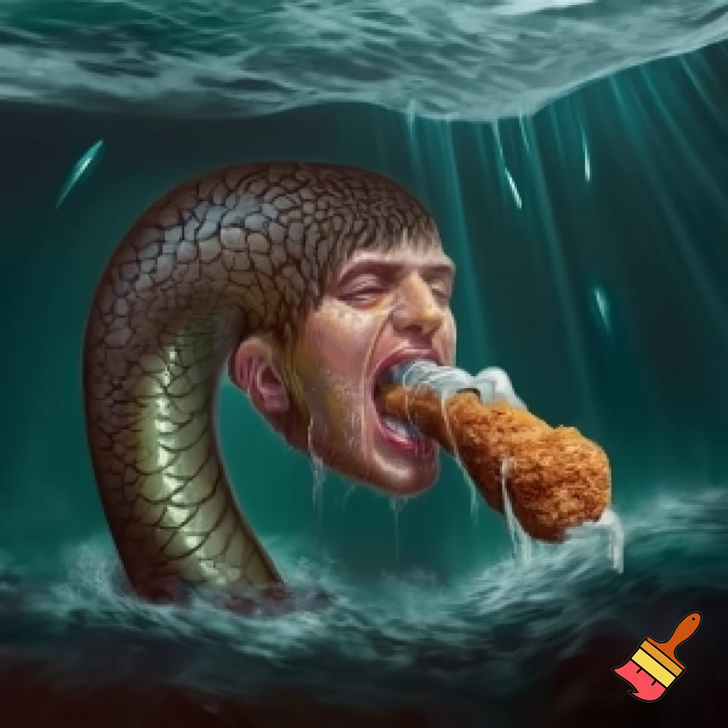 snake with human head in the ocean eating KFC
