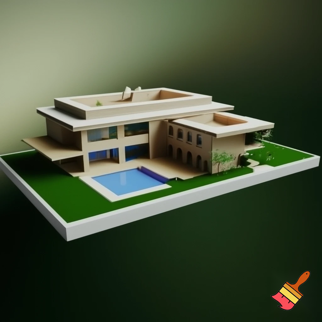 Crea modellino di villa 3D con piscina,in montagna 
