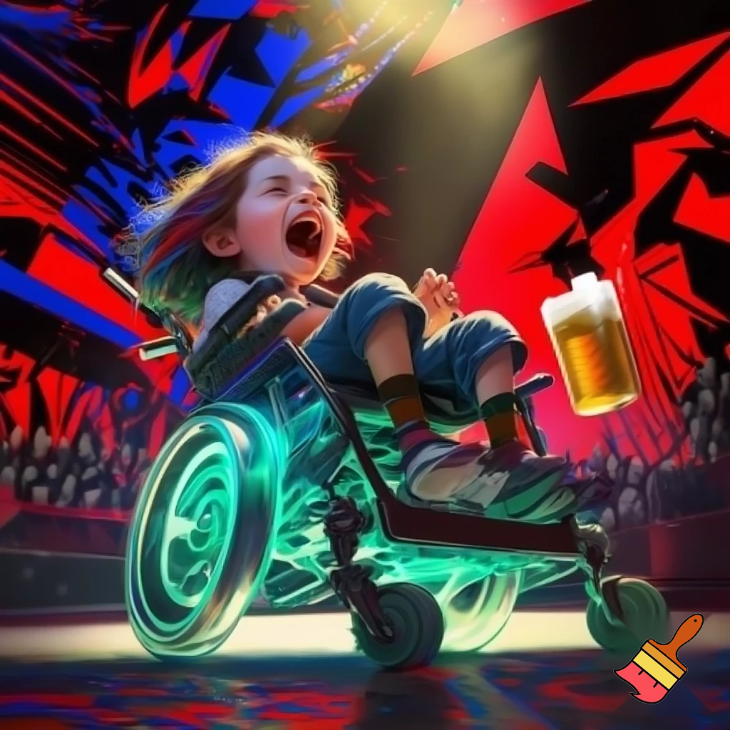 niño en sillas de ruedas loco cantando rock con cerveza
