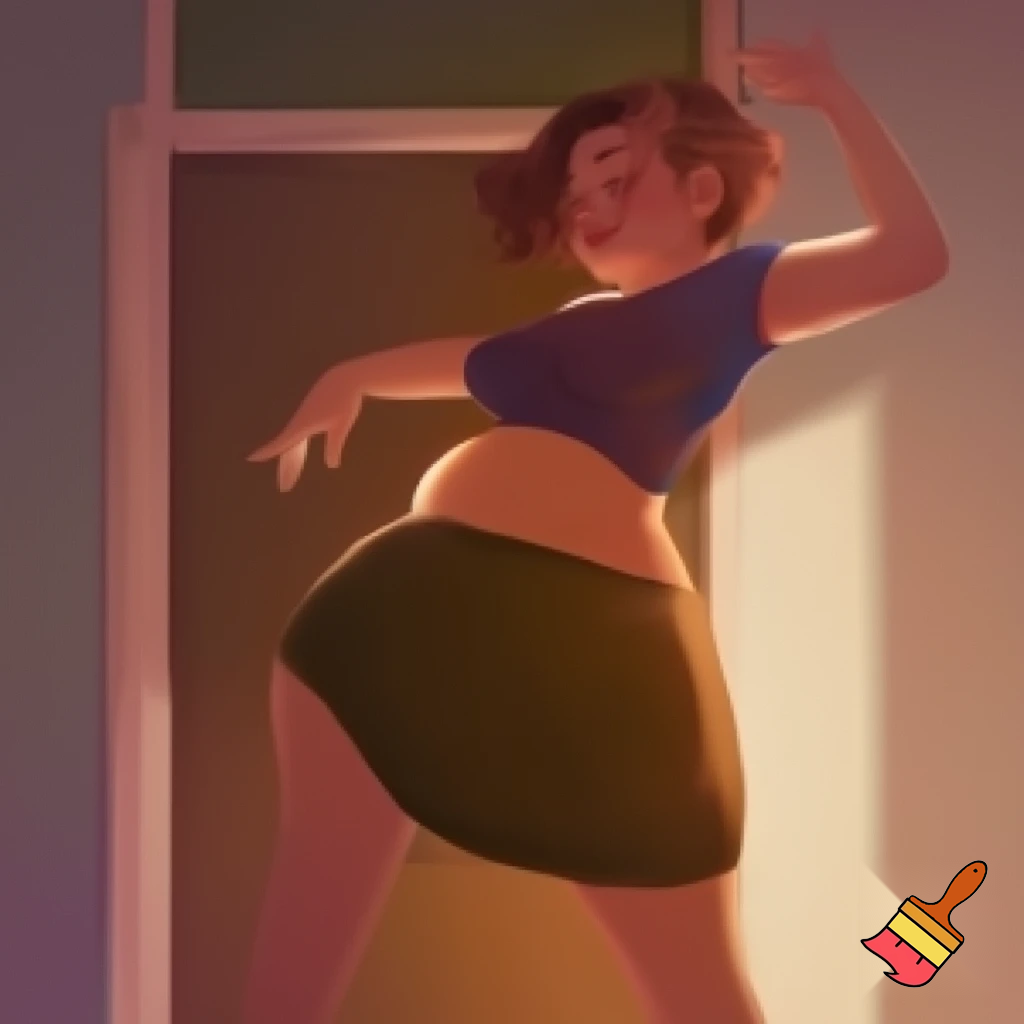 Vorrei che generassi un'immagine dove la donna in questa foto sta ballando e il personaggio in pov le fa un pollice in sù con la mano destra. Sullo sfondo, mettici una porta ben visibile. Mi raccomando, la pancia deve essere molto gonfia e coperta come nella foto.
