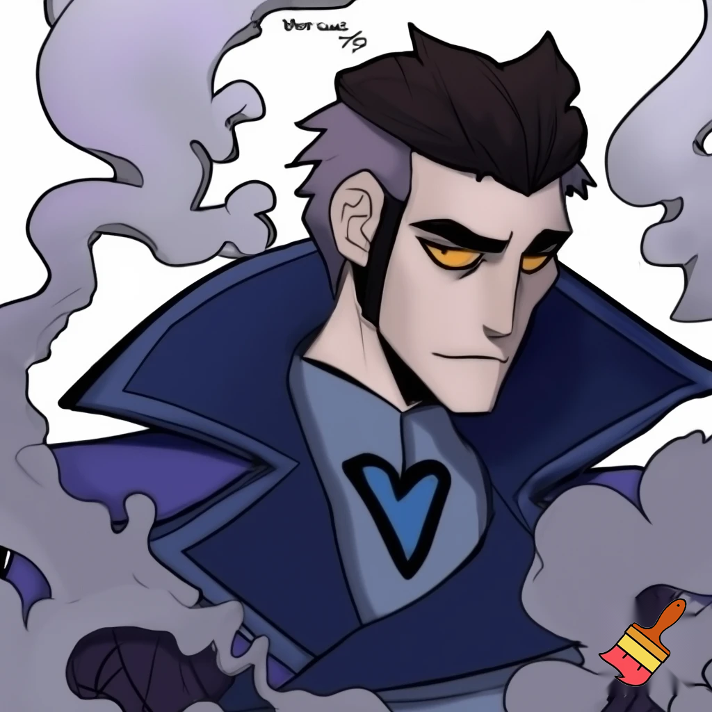Percival de rolo from Vox Machina in the cartoonish art style of hazbin hotel wearing his signature blue overcoat and smoke curling around him